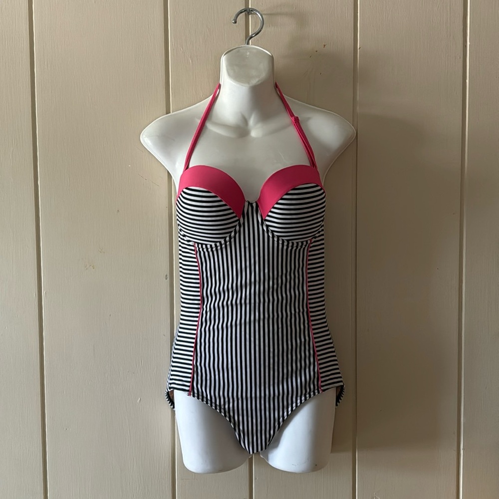 Black and white striped one piece